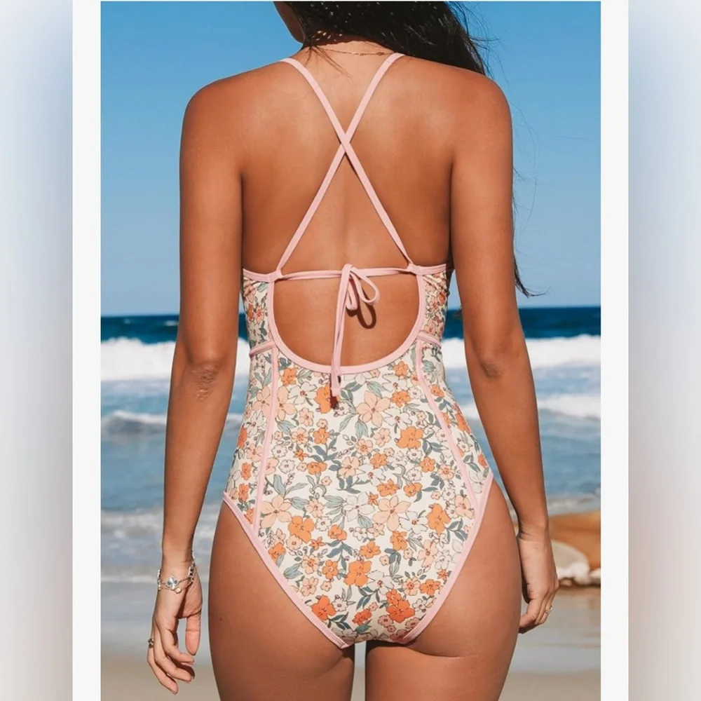 Floral One-Piece Swimsuit with Pink Trim